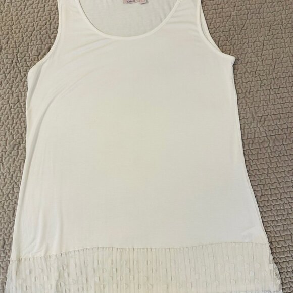 LOGO Layers by Lori Goldstein White Tank Top w/ Pleated Mesh Polka Dot Hem - L - Picture 2 of 5